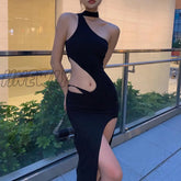 Hnewly Sexy Elegant Long Dress Women Summer Sleeveless Cut Out Irregular High Split Club Dresses